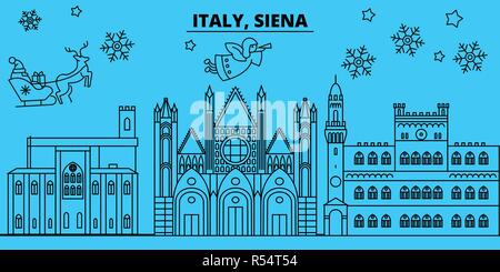 L'Italia, Siena vacanze invernali skyline. Buon Natale e Felice Anno Nuovo banner decorati con Babbo Natale.Italia, Siena lineare città natale vettore illustrazione piatta Illustrazione Vettoriale