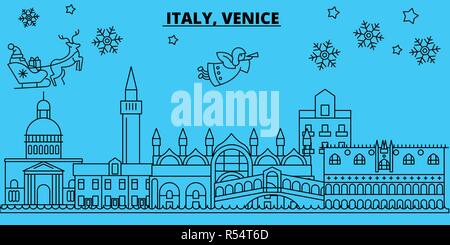 L'Italia, la città di Venezia vacanze invernali skyline. Buon Natale e Felice Anno Nuovo banner decorati con Babbo Natale.Italia, Venezia città lineare città natale vettore illustrazione piatta Illustrazione Vettoriale