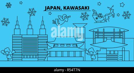 Giappone, Kawasaki vacanze invernali skyline. Buon Natale e Felice Anno Nuovo banner decorati con Babbo Natale.Il Giappone, Kawasaki lineare città natale vettore illustrazione piatta Illustrazione Vettoriale