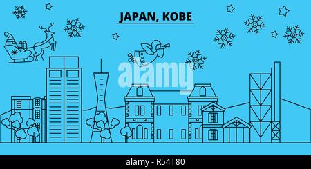 Giappone, Kobe vacanze invernali skyline. Buon Natale e Felice Anno Nuovo banner decorati con Babbo Natale.Il Giappone, Kobe lineare città natale vettore illustrazione piatta Illustrazione Vettoriale