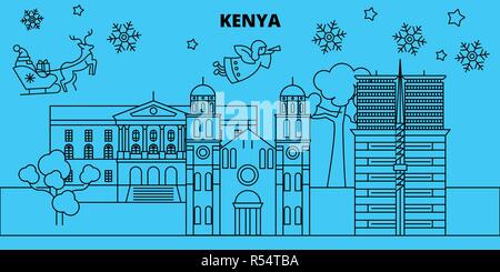 Kenya vacanze invernali skyline. Buon Natale e Felice Anno Nuovo banner decorati con Babbo Natale.Kenya lineare città natale vettore illustrazione piatta Illustrazione Vettoriale