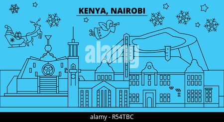 Kenya, Nairobi vacanze invernali skyline. Buon Natale e Felice Anno Nuovo banner decorati con Babbo Natale.Piana, vettore di contorno.Kenya, Nairobi lineare città natale illustrazione Illustrazione Vettoriale