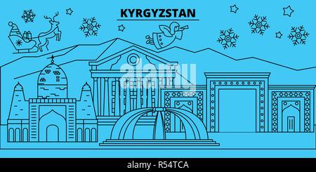 Kirghizistan vacanze invernali skyline. Buon Natale e Felice Anno Nuovo banner decorati con Babbo Natale. Kirghizistan lineare città natale vettore illustrazione piatta Illustrazione Vettoriale