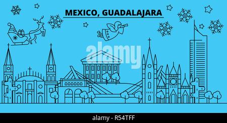 Messico, Guadalajara vacanze invernali skyline. Buon Natale e Felice Anno Nuovo banner decorati con Babbo Natale.messico, Guadalajara lineare città natale vettore illustrazione piatta Illustrazione Vettoriale