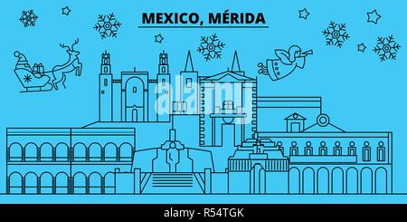 Messico, Merida vacanze invernali skyline. Buon Natale e Felice Anno Nuovo banner decorati con Babbo Natale.Messico, Merida lineare città natale vettore illustrazione piatta Illustrazione Vettoriale