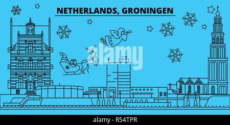 Paesi Bassi, Groningen vacanze invernali skyline. Buon Natale e Felice Anno Nuovo banner decorati con Santa Claus.Netherlands, Groningen lineare città natale vettore illustrazione piatta Illustrazione Vettoriale