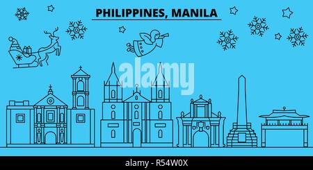 Filippine, Manila vacanze invernali skyline. Buon Natale e Felice Anno Nuovo banner decorati con Babbo Natale.Filippine, Manila lineare città natale vettore illustrazione piatta Illustrazione Vettoriale