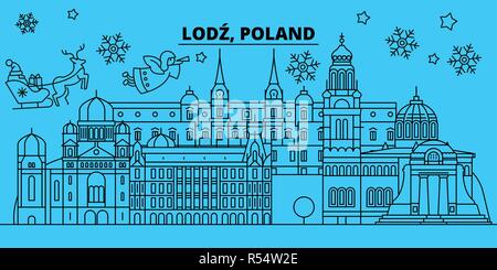 La Polonia, a Lodz vacanze invernali skyline. Buon Natale e Felice Anno Nuovo banner decorati con Babbo Natale.Polonia Lodz lineare città natale vettore illustrazione piatta Illustrazione Vettoriale