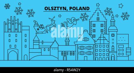 La Polonia, Olsztyn vacanze invernali skyline. Buon Natale e Felice Anno Nuovo banner decorati con Babbo Natale.Polonia, Olsztyn lineare città natale vettore illustrazione piatta Illustrazione Vettoriale