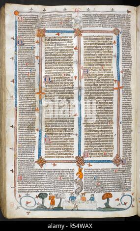 Un bas-de-page scena di un gruppo di re per pranzo e cena. Decretals di Gregorio IX con la Glossa Ordinaria ('Smithfield Decretals'). Francia S. (Tolosa?); ultimo quarto del XIII secolo o al primo trimestre del XIV secolo. Fonte: Royal 10 E. IV, f.290v. Lingue: Latina. Autore: Raymond di PeÃ±afort, editor. Bernardo di Parma, glossator. Foto Stock