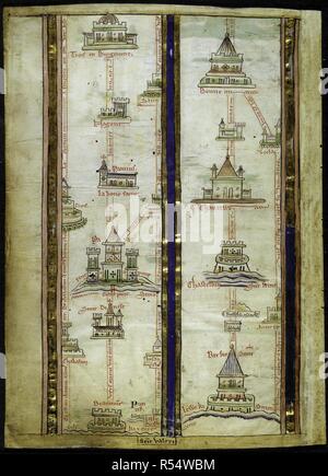 Parte dell'itinerario da Londra a Gerusalemme, compresa la città di Parigi. Historia Anglorum. Inghilterra (St Albans), 1250-1259. Fonte: Royal 14 C. VII, f.2v. Lingua: Francese. Autore: Parigi, Matteo. Foto Stock