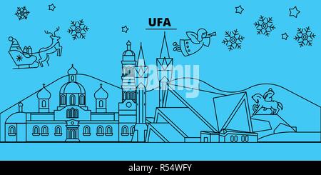 La Russia, Ufa vacanze invernali skyline. Buon Natale e Felice Anno Nuovo banner decorati con Babbo Natale.La Russia, Ufa lineare città natale vettore illustrazione piatta Illustrazione Vettoriale