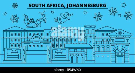 Sud Africa, Johannesburg vacanze invernali skyline. Buon Natale e Felice Anno Nuovo banner decorati con Babbo Natale.vettore Outline.Sud Africa, Johannesburg lineare città natale illustrazione Illustrazione Vettoriale