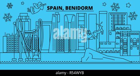 Spagna, Benidorm vacanze invernali skyline. Buon Natale e Felice Anno Nuovo banner decorati con Babbo Natale.Spagna, Benidorm lineare città natale vettore illustrazione piatta Illustrazione Vettoriale