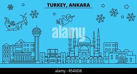 La Turchia, Ankara vacanze invernali skyline. Buon Natale e Felice Anno Nuovo banner decorati con Babbo Natale.La Turchia, Ankara lineare città natale vettore illustrazione piatta Illustrazione Vettoriale