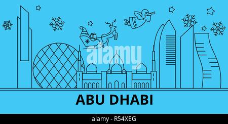 Emirati Arabi Uniti Abu Dhabi vacanze invernali skyline. Buon Natale e Felice Anno Nuovo con Babbo Natale.Emirati Arabi, Abu Dhabi lineare città natale vettore illustrazione piatta Illustrazione Vettoriale