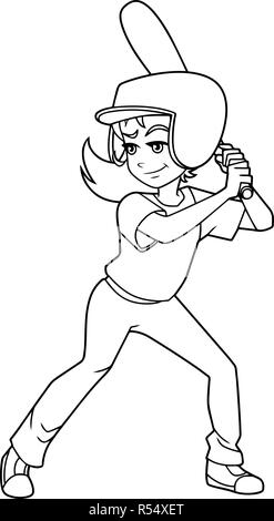 Pastella di Baseball Girl Line Art Illustrazione Vettoriale