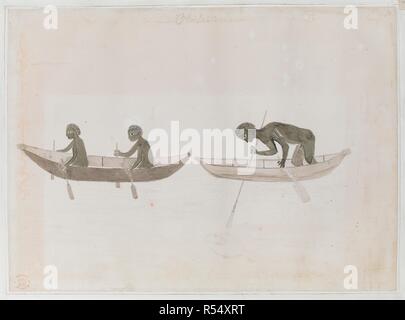 Aborigeni Australiani paddling corteccia canoa e pesca subacquea. Questo può registrare il partito di pesca osservati da Joseph Banks a Botany Bay il 26 aprile 1770. Disegni in inchiostro di china, illustrativi di Capt. Cuocere primo viaggio, 1768 -1770, principalmente relative a Otaheite e Nuova Zelanda, da A. Buchan, John F. Miller ed altri. Aprile 1770. Dimensioni: 263 x 362. Matita e acqua-colore. Fonte: Aggiungi. 15508, No.10. Autore: Buchan, morbo di Parkinson e Miller. Foto Stock