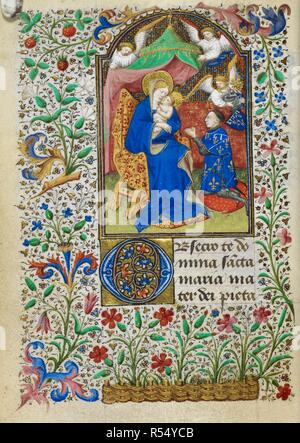 La Vergine e il bambino con un inginocchiarsi Jean Comte de Dunois in armatura ("Obsecro te') . Libro d Ore, uso di Roma ("Dunois ore "). c. 1439-c. 1450. Fonte: Yates Thompson 3, f.22v. Lingue: Latina. Foto Stock