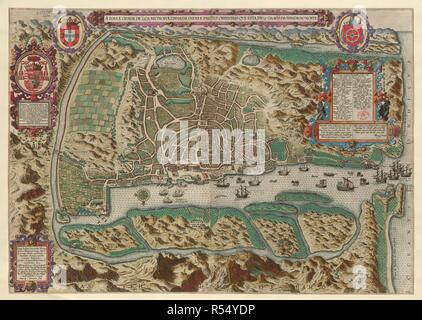 Goa. Un Ilha e Cidade de Goa Metropolitana da India e pa. Amsterdam : C. Claesz, 1596. Mappa di Goa. Immagine presa da un Ilha e Cidade de Goa Metropolitana da India e orientasique partes en esta 15 Graos da Banda do Norte Goae Indiae orientalis Metropolis et Emonij longe ditissi, exacta descriptio. Auctor J.H.A. Linschoten, 1595. Affconterfeijtinge vÃ£n princepaele Coop en hooft Stat des Rijcks Goa B. Ã Duetechum sculp... Originariamente pubblicato/prodotto in Amsterdam : C. Claesz, 1596. . Fonte: Mappe.*55555.(1). Foto Stock