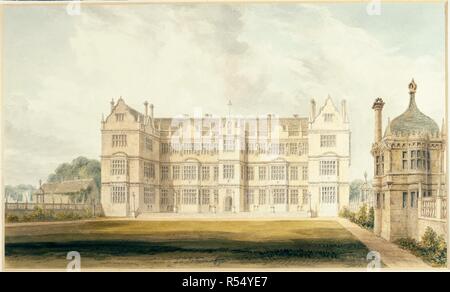 Parte anteriore orientale di Montacute House. Inghilterra; inizio del XIX secolo. (Intero disegno) Vista della parte anteriore orientale di Montacute House, co. Somerset originariamente pubblicato/prodotto in Inghilterra; inizio del XIX secolo. . Fonte: Aggiungi. 37121, No.2. Autore: GIOVANNI CHESSELL BUCKLER. Foto Stock