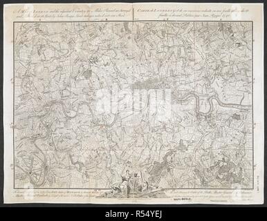 Una mappa di Londra e la zona circostante (10 miglia). Un sondaggio esatta della città di Londra Westminster, ye Borough di Southwark e il paese vicino a dieci miglia round; iniziato nel 1741 e terminato nel 1745, da J. Rocque; e engrav'd da R. Parr, 1746. Scala di un miglio[ = 130 mm]. Londra, 1748. Fonte: Mappe * 3479.(18). Lingua: Inglese e Francese. Autore: John Rocque. Foto Stock