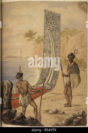 Due Maori in piedi da una barca con un design elaborato. Schizzi di paesaggi e ritratti di indigeni, con rappresentazioni di cerimonie, costume, ecc., in Nuova Zelanda, fatto in seppia, colori o matita. 1842-1853. Fonte: Aggiungi. 19953 f.60, la piastra 173. Autore: Sinclair, Alexander. Foto Stock