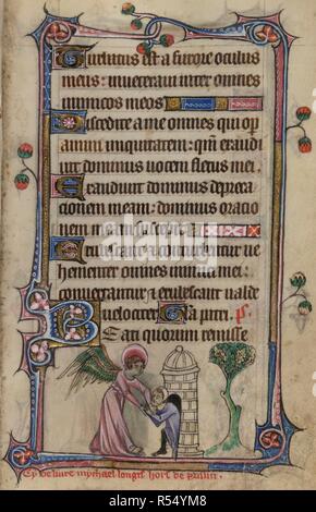 Bas-de-page scena di angelo Michael tenendo le mani di Longino che esce da una piccola torre. Libro d Ore, uso di Sarum ("Taymouth ore"). Inghilterra, S. E.? (Londra?); secondo quarto del XIV secolo. Fonte: Yates Thompson 13, f.127. Lingua: Latino e francese. Foto Stock