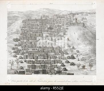 Vue d'une partie de la ville de Temboctou, prise du sommet d'une colline, Ã l'est-nord-est. Incisione di Timbuctù precedentemente anche ortografato Timbuctoo e Timbuktoo, una città del West nazione africana del Mali. Atlas. Ufficiale d'onu viaggio aÌ€ Temboctou et aÌ€ JenneÌ, dans l'Afrique centrale ... pendant les anneÌes 1824, 1825, 1826, 1827, 1828 ... Avec une carte itineÌraire, et des remarques geÌographiques, par M. Jomard. [Con un ritratto.]. Parigi, 1830. Fonte: 10095.i.3, la piastra 6. Autore: CailliÃ©e, RenÃ©. Foto Stock