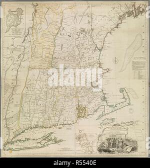 Una mappa di la maggior parte abitata del New England. Una finestra Mappa (in alto a sinistra) mostra "Una pianta della città di Boston'. Una mappa di la maggior parte abitata del NEW ENGLAND contenente le province di Massachusetts Bay e New Hampshire, con le colonie di CONECTICUT e Rhode Island, diviso in contee e cittadine; il tutto completato da indagini effettivo e la sua situazione regolata dalle osservazioni astronomiche. [Londra] : 29 novembre 1774 Pubblicato in base ad agire da Thos. Geografo Jefferys a Sua Altezza Reale il Principe di Galles nelle vicinanze del Charing Cross, [29 novembre 1774]. Copperplate engravi Foto Stock