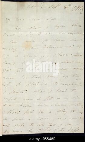 Lettera di Lady Hamilton. Carte di Nelson, Vol. LXXXVIII. Italia [Napoli]; 1798. [Intero folio] Lettera autografa di Lady Hamilton di Lord Nelson. Napoli, 8 settembre 1798 immagine presa da Nelson Papers, Vol. LXXXVIII. Originariamente pubblicato/prodotto in Italia [Napoli]; 1798. . Fonte: Aggiungi. 34989, f.4. Lingua: Inglese. Foto Stock