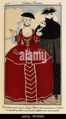 Travestissement d'aprÃ¨s Loghi: Robe de damas galonnÃ©e de blanc sur laquelle su jettera une baiite de taffetas noir et de dentelle. Costumi Parisiens no.46. Donna che indossa un XIX secolo vestito in rosso con la crema in pizzo, un cappello nero e portante una maschera bianca. La figura alla sua destra è tutti vestiti di nero e indossa una maschera bianca. Journal des dames et des modes. [Con le piastre colorate.]. Parigi, 1913. Piastra di colore / illustrazione. Pochoir. Moda. Fonte: P.P.5242.dc, volume II, pl.56, opposta a P.216. Lingua: Francese. Autore: BARBIER, George. Foto Stock