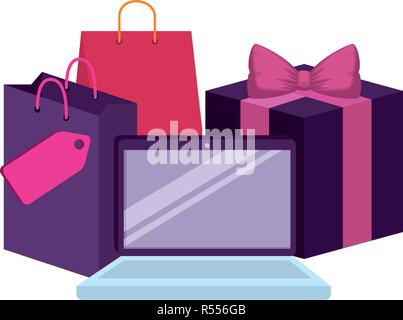 Computer portatile con borsa da shopping e regalo Illustrazione Vettoriale