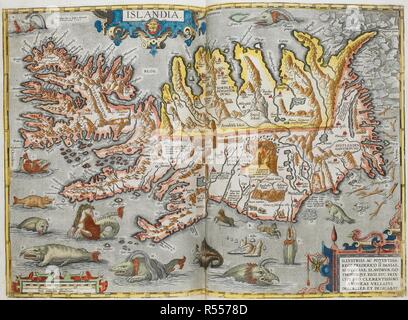 Una mappa di Islanda, intitolato 'Islandia'. [Typus orbis terrarum] (Main titolo dell'album, contenente 90 mappe). Anversa. 1598. Fonte: Mappe C.2.d.7.(2). Autore: ORTELIUS, Abramo. Foto Stock