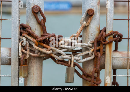 Vecchio arrugginito catene con un lucchetto di fissaggio in acciaio zincato cancello chiuso. sicurezza e lucchetti con catene corrosi. Foto Stock