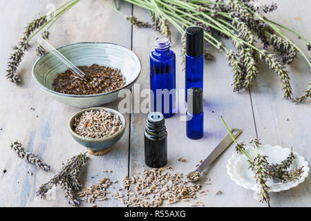 Olio essenziale di lavanda (Lavandula sp.). Foto Stock