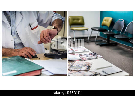 Immagine composita di un ospedale medico guardando il suo orologio e un vuoto in sala d'attesa. Illustrazione imperdibili appuntamenti non annullata dai pazienti. Foto Stock