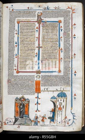 Un bas-de-page scena di un uomo versando acqua su un monaco che sta lasciando un edificio con una donna e operatore. Decretals di Gregorio IX con la Glossa Ordinaria ('Smithfield Decretals'). Francia S. (Tolosa?); ultimo quarto del XIII secolo o al primo trimestre del XIV secolo. Fonte: Royal 10 E. IV, f.91. Lingue: Latina. Autore: Raymond di PeÃ±afort, editor. Bernardo di Parma, glossator. Foto Stock