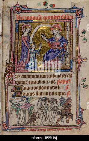 Miniatura di un incoronato royal donna (probabilmente il primo proprietario del manoscritto) essendo presentato ad un Cristo in trono dalla Vergine Maria e un bas-de-page di scena del diavolo che trasportano le anime off verso l'Inferno. Libro d Ore, uso di Sarum ("Taymouth ore"). Inghilterra, S. E.? (Londra?); secondo quarto del XIV secolo. Fonte: Yates Thompson 13, f.139. Lingua: Latino e francese. Foto Stock