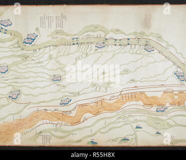 Una sezione da un diciottesimo secolo foto mappa che illustra tutta la mille miglia di lunghezza del canale e su un lungo rotolo. Grand Canal (Cina). Il XVIII secolo. Fonte: o. 2362, dettaglio. Lingua: Cinese. Foto Stock