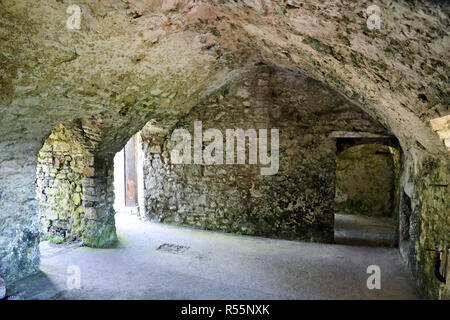 Camera all'interno dell'antica abbazia sull isola di Caldey, vicino Tenby, Wales, Regno Unito Foto Stock