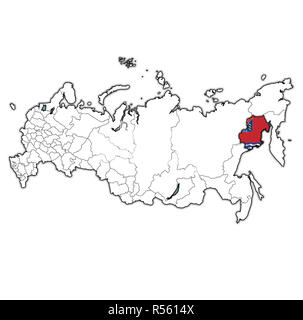 Emblema di Oblast di Magadan sulla mappa con le divisioni amministrative e i confini della Russia Foto Stock