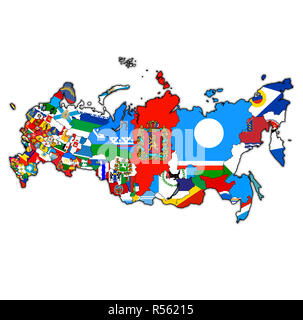 Emblemi di oblasts e krais sulla isolato su bianco mappa con le divisioni amministrative e i confini della Russia Foto Stock