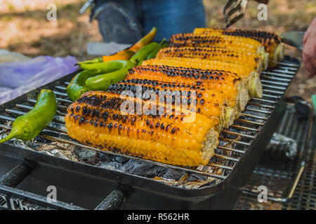 Il mais verde e peperoncino sono cucinati alla griglia Foto Stock