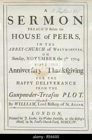 Discorso di ringraziamento. Un sermone [su Ester ix. 27-28] predicare'd prima del. Londra, 1704. Fonte: 4475.cc.42, titolo pagina. Lingua: Inglese. Foto Stock