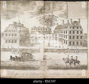 Vista della Harvard University dal Massachusetts Avenue, con figure, cavalli e un carrello in primo piano e il Collegeâ€™s tre edifici, Vecchio Municipio di Harvard, il primo Stoughton Hall e sala del Massachusetts formando un cortile contenente un unico grande albero, visto al di là di un semplice recinto con un unico ingresso di fronte Stoughton Hall; dedizione nel cartiglio posto sotto lo stemma di seguito e testo esplicativo incisi su scorri in alto a destra. . Una prospettiva del Colledges in Cambridge in Nuova Inghilterra : all'onorevole Spencer Phipps Esqr. Il luogotenente governatore della provincia voi del Massachuset Foto Stock