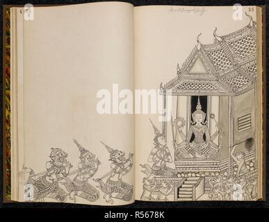 Scena del Ramakien (versione tailandese del Ramayana). Ramakien (versione tailandese del Ramayana). 1880. Materiali: carta europea Dimensioni: 230 mm x 355 mm: Script script Khom, una variante di Khmer script utilizzato in Thailandia a matita. Fonte: o. 14859 SS54-55. Lingua: Thai. Foto Stock