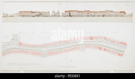 Visualizzare e piano di parte di Kensington High Street, da Kensington Church Street alle porte di Kensington Palace; una delle strade sotto la gestione della Turnpike fiducia di Kensington. Piano Generale delle strade da Hyde Park Corner a contatori Bridge. Inghilterra [Londra]; 1811. Fonte: Aggiungi. 31325, SS27v-28. Lingua: Inglese. Autore: Salway, Giuseppe. Foto Stock
