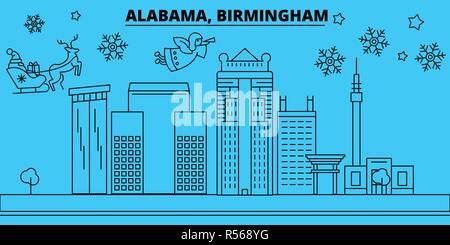 Stati Uniti, Birmingham vacanze invernali skyline. Buon Natale e Felice Anno Nuovo banner decorati con Babbo Natale.Stati Uniti, Birmingham lineare città natale vettore illustrazione piatta Illustrazione Vettoriale