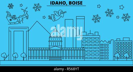 Stati Uniti Boise vacanze invernali skyline. Buon Natale e Felice Anno Nuovo banner decorati con Babbo Natale.Stati Uniti Boise lineare città natale vettore illustrazione piatta Illustrazione Vettoriale